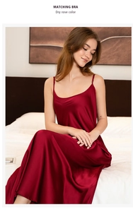 Detail of dry rose silk nightgown showing thin adjustable straps and satin texture