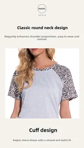 Detail von Rundhalsausschnitt und Raglanärmeln mit Leopardenmuster am Strick-Hauskleid