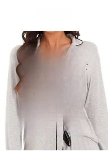 Detail of grey modal cotton pajama top with black piping and embroidered chest pocket