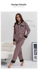 Detail view of pink striped pajama set featuring black lapel and contrast pocket design