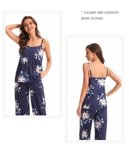 Three-piece floral sleepwear set featuring navy blue camisole and matching trousers
