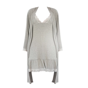Grey lace-trimmed modal sleepwear set featuring a V-neck chemise and matching long cardigan