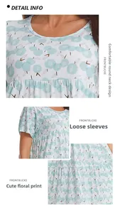 Detail view of cotton summer nightdress showing the round neck and floral print pattern