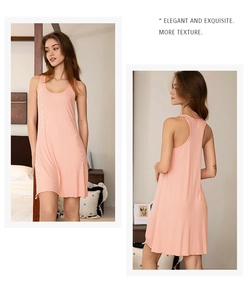 Front and back view of pink sleeveless viscose nightgown with vertical ribbed texture