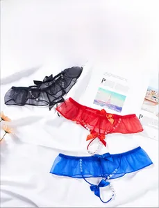 Détails de strings sexy en dentelle avec perles et nœuds en satin, rouge, bleu et noir