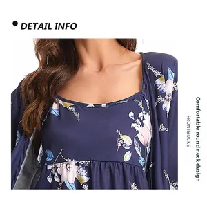 Detail of the comfortable round neck design on this navy blue floral cotton pajama set