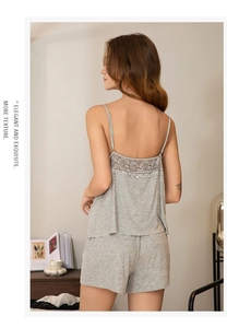 Detailed back view of grey modal pajama top featuring delicate lace trim and thin straps