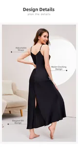 Detail of black silk slip dress featuring adjustable straps and high back slit