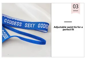 Detail of adjustable royal blue lace waist strap with GODDESS SEXY letter jacquard