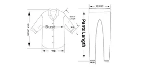 Size guide for knitted pajama set showing chest, length, sleeve, and waist measurements