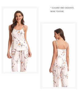 Détail d'un ensemble pyjama à fleurs avec bretelles spaghetti et pantalon fluide