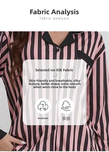 Detail of pink and black striped satin pajama top featuring lapel collar and pocket