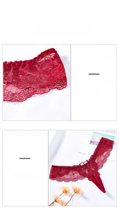 Detailed close-up of red floral lace embroidery on sheer mesh thong underwear