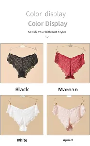 Détail de culottes en dentelle transparente pour femmes en noir, bordeaux, blanc et abricot