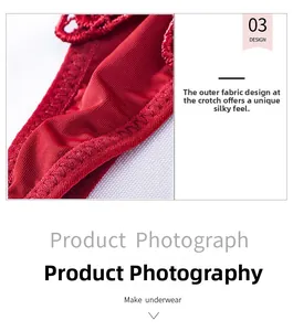 Detail view of red shiny lace fabric and precise stitching on women thong underwear