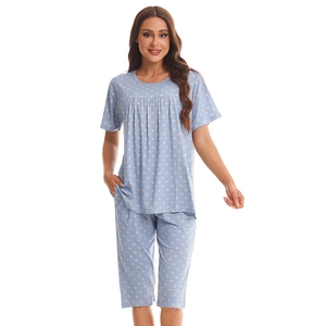 Women Cotton Pajama Set Short Sleeve Top And Bottom Heart Polka Dot Plaid Print Lapel Casual Sleepwear Home Wear For Women