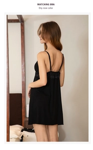 Detailed back view of a black modal nightgown featuring delicate floral lace trim detail