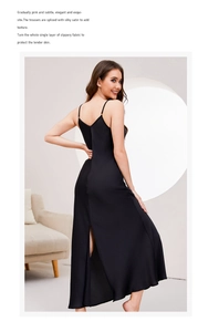 Detail of elegant black satin nightgown with side slit and smooth silk-like finish