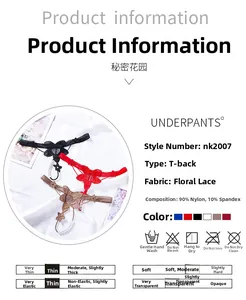 Detailed fabric composition and size chart for sexy floral lace T-back thong underwear
