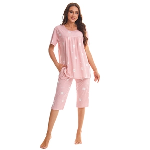 Women's pink summer pajama set with short sleeves and white heart print cotton loungewear