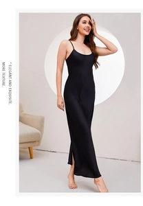 Elegant black silk satin midi slip dress with thin straps and side slit detail