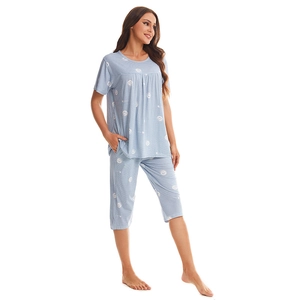 Women's light blue cotton pajama set with short sleeves and small heart pattern prints