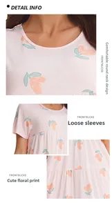 Detail info showing the round neckline, loose cuffs and floral print on pink sleepwear