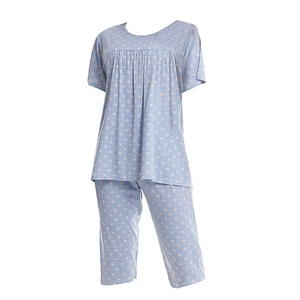 Women's summer cotton pajama set with short sleeves and plaid dot pattern on light blue