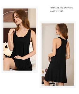 Detail view of black ribbed sleeveless nightgown showing front and back fit on a model