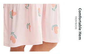 Detail of soft cotton nightgown hem with floral fruit print and comfortable edging