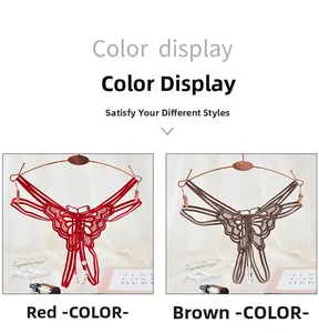 Détails de strings en dentelle papillon avec perles en coloris rouge et marron