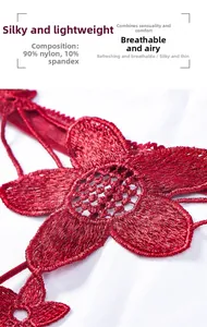 Detail of red floral lace embroidery made of 90% nylon and 10% spandex on thong