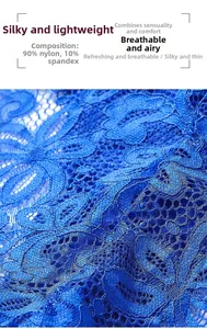 Detail of blue floral lace fabric with 90% nylon and 10% spandex material composition