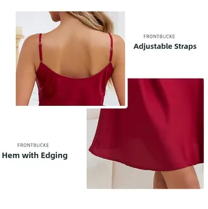 Detail of adjustable shoulder straps and hemline on a dark red silk-satin nightgown