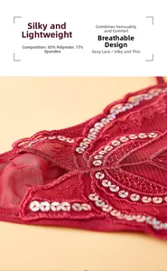 Détail de dentelle rouge avec sequins composé de 83% polyester et 17% élasthanne