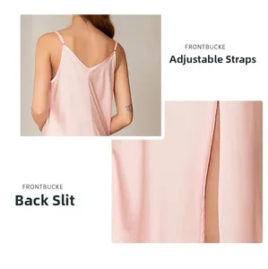 Pink satin slip dress detail with adjustable shoulder straps and deep V back slit design
