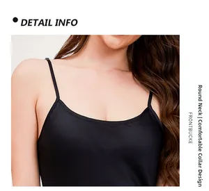 Detail view of the comfortable round neckline on a black silk-satin slip dress