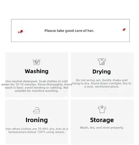 Care guide for women's sleepwear with washing, drying, and ironing instructions