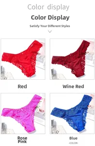 Detailed color display of sexy lace thongs in red, burgundy, rose and blue with bows