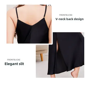 Detail of elegant black satin nightgown featuring a deep V-back and side slit design