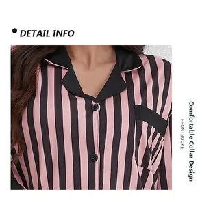 Detail of pink and black striped pajamas showing the lapel collar and comfortable neckline