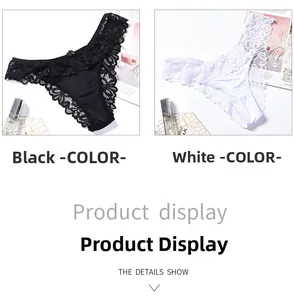Detail of black and white lace panties featuring ruffled edges and bow accents