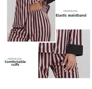 Detail view of the elastic waistband and comfortable cuffs on the striped pajama set