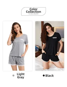 Women's modal pajama set with lace trim detailing in light heather grey and black
