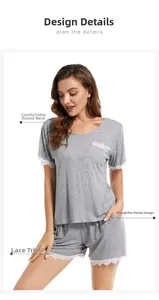Detail of eyelash lace trim and side pocket on modal cotton two-piece pajama set
