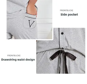 Detail of modal cotton pajamas showing side pocket with V-letter and satin waistband drawstring