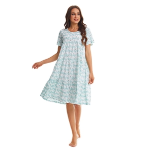 Light blue floral cotton nightgown with short sleeves and a tiered skirt design