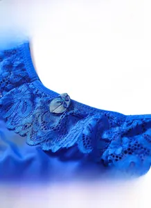 Close-up of royal blue lace panties with bow detail and high elasticity stitching