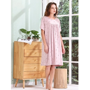 Short sleeve floral cotton nightgown for women in light pink with pleated round neck