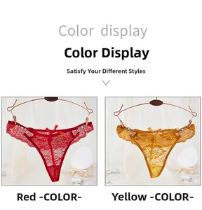 Détails de string en dentelle rouge et jaune avec résille, nœuds délicats et perles